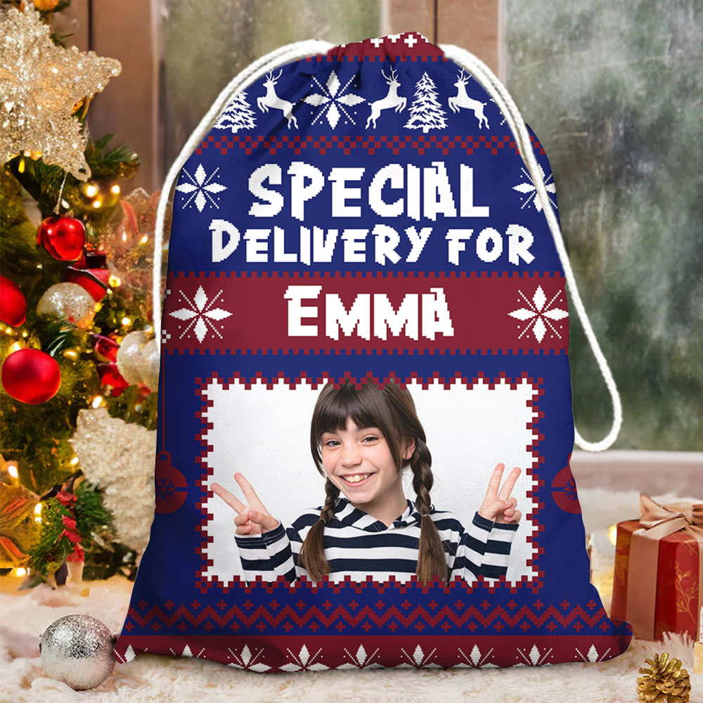 Merry Christmas Pattern Bag Custom Photo - Christmas Family Gift - Personalized Christmas Sack - Custom Christmas Bag