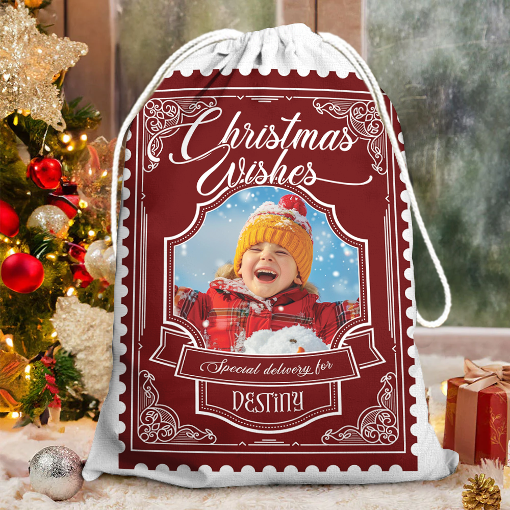 Christmas Wishes Colorful Bag Custom Photo - Christmas Gifts - Personalized Christmas Sack - Custom Christmas Bag