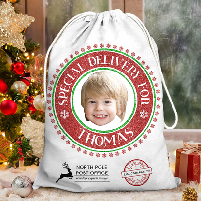 Special Delivery For 2x Checked Christmas Bag Custom Photo - Christmas Family Gift - Personalized Christmas Sack - Custom Christmas Bag