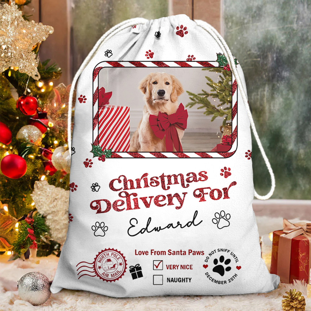 Special Delivery Photo Glitter Christmas Bag - Christmas Gift For Dog Lovers Cat Lovers - Personalized Christmas Sack - Custom Christmas Bag