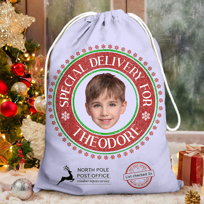 Special Delivery For 2x Checked Christmas Bag Custom Photo - Christmas Family Gift - Personalized Christmas Sack - Custom Christmas Bag