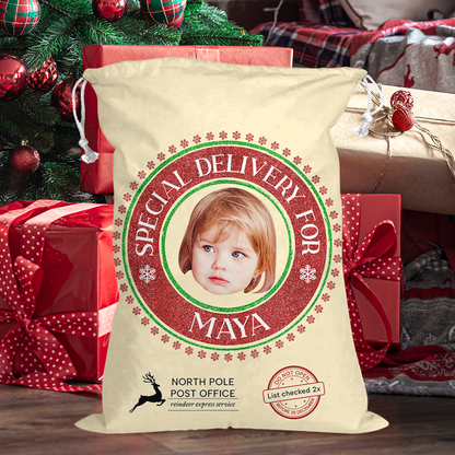 Special Delivery For 2x Checked Christmas Bag Custom Photo - Christmas Family Gift - Personalized Christmas Sack - Custom Christmas Bag