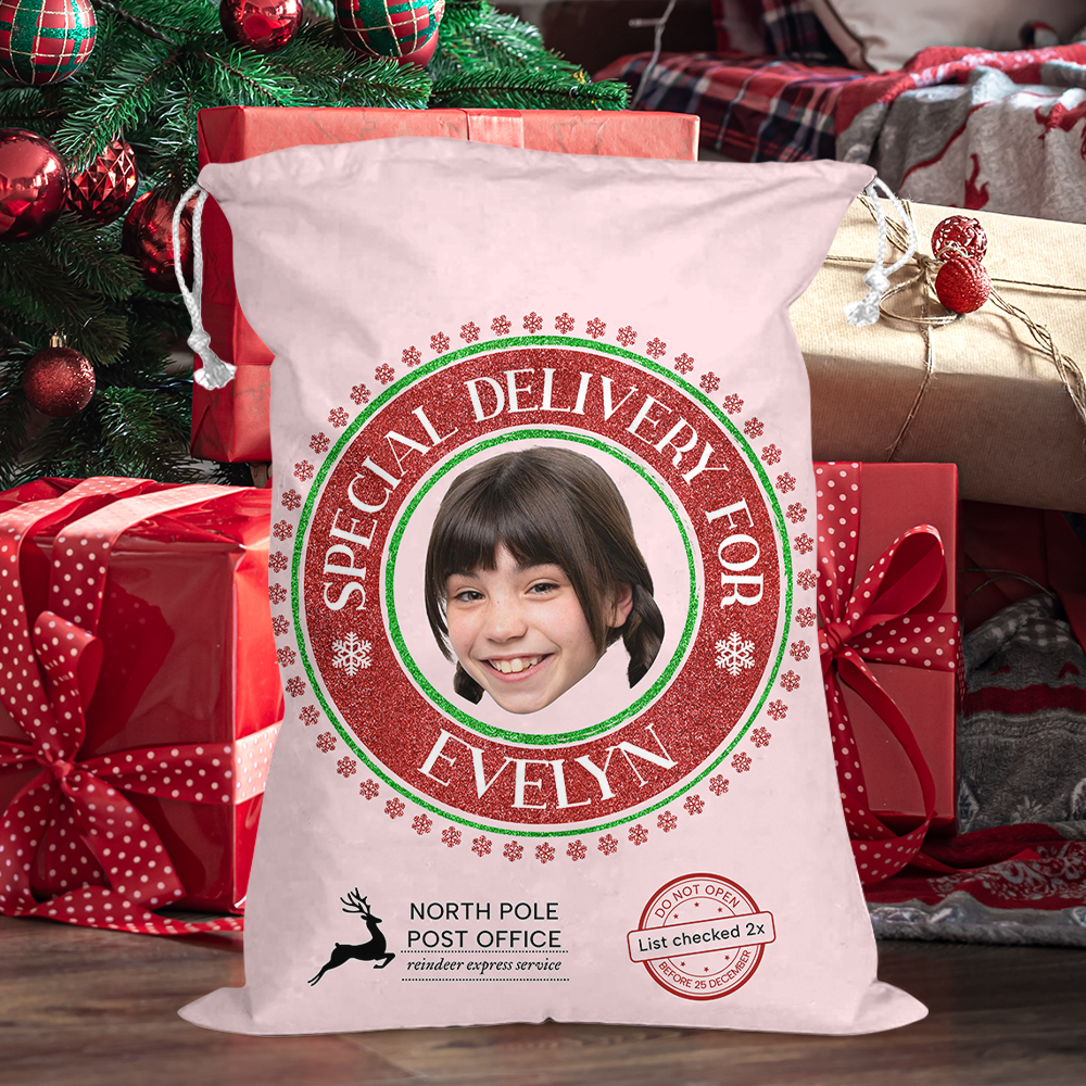 Special Delivery For 2x Checked Christmas Bag Custom Photo - Christmas Family Gift - Personalized Christmas Sack - Custom Christmas Bag