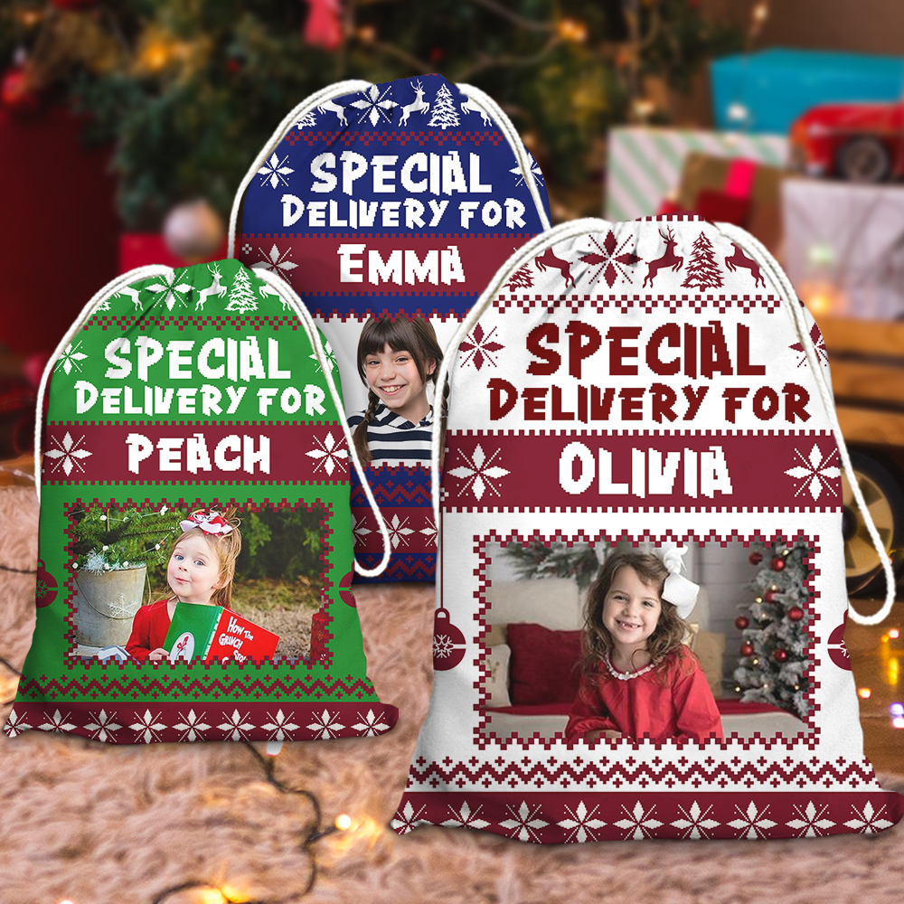 Merry Christmas Pattern Bag Custom Photo - Christmas Family Gift - Personalized Christmas Sack - Custom Christmas Bag