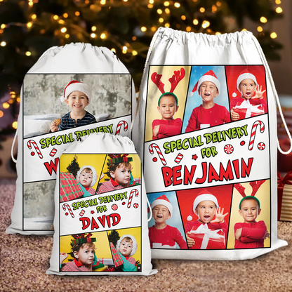 Special Delivery Bag Cartoon Custom Photo - Christmas Family Gift - Personalized Christmas Sack - Custom Christmas Bag