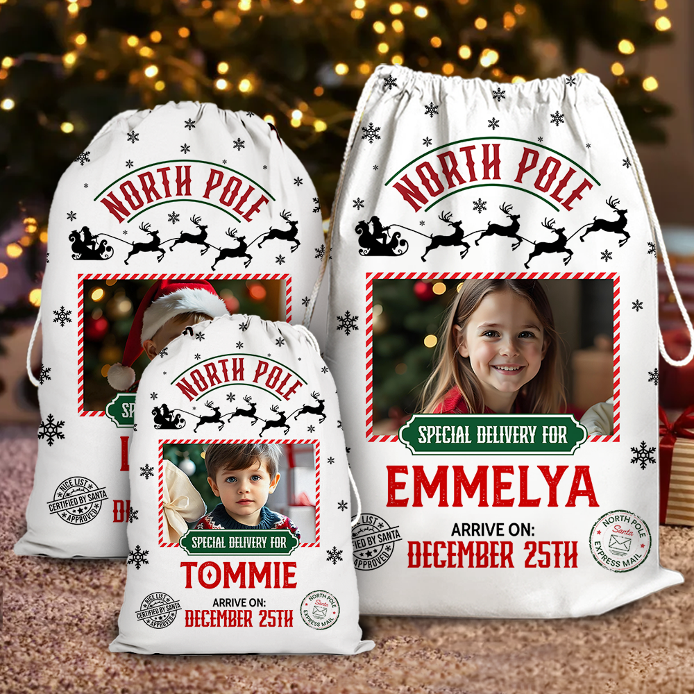 North Pole Mail Service Christmas Bag Custom Photo - Personalized Christmas Sack - Custom Christmas Bag