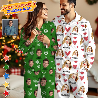 Snow and Heart Pajamas Custom Face Pajamas Set - Personalized Photo Christmas Pajamas