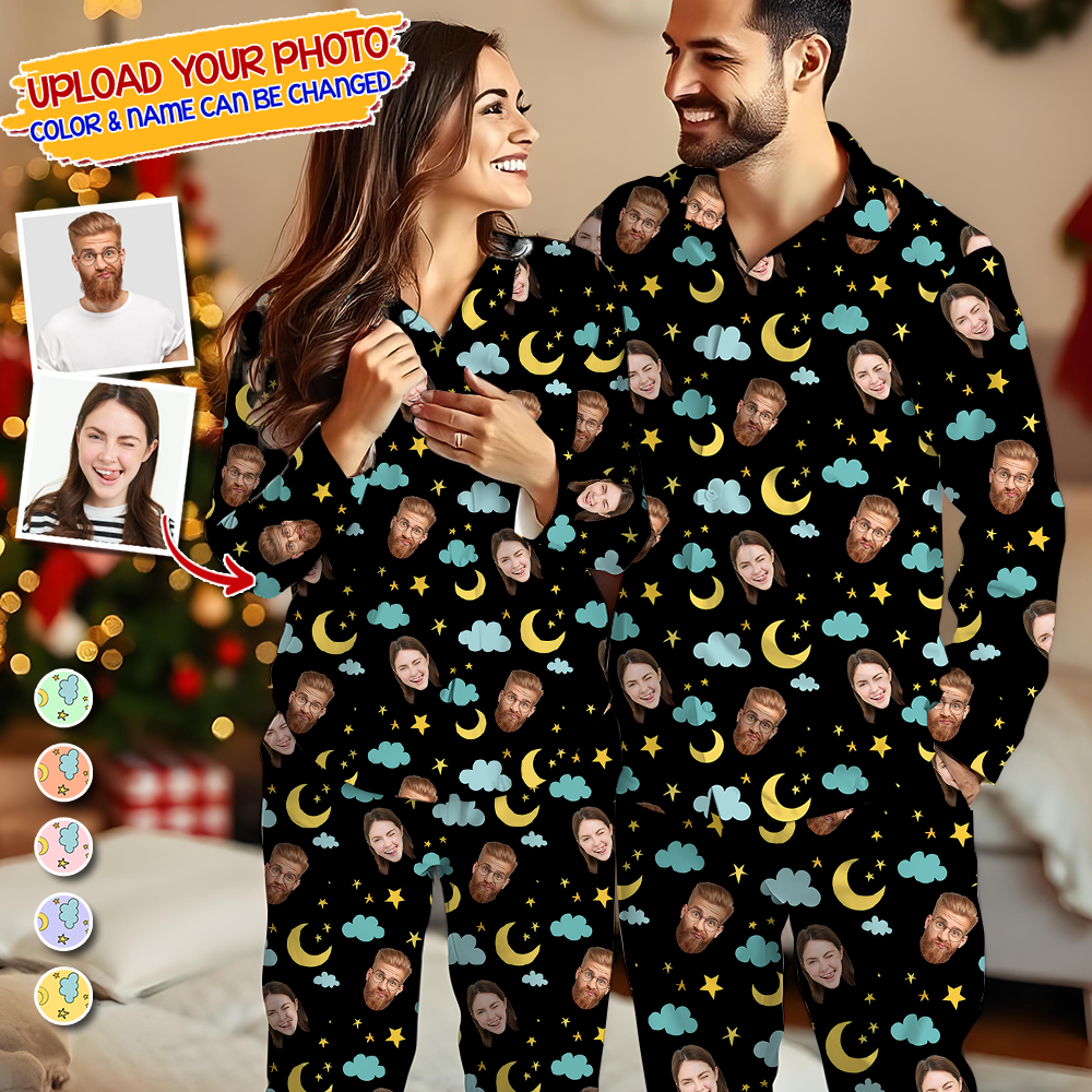 Our Family Custom Face Pajamas Set Moon and Star Pattern - Personalized Photo Christmas Pajamas