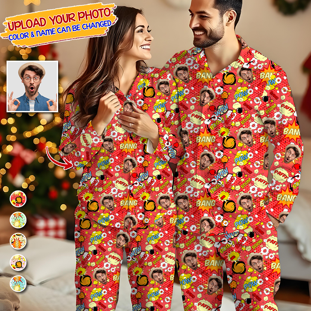 Couple Pajamas Pow Pow Custom Photo Human And Pet Faces - Custom Face Pajamas Pattern - Personalized Photo Christmas Pajamas