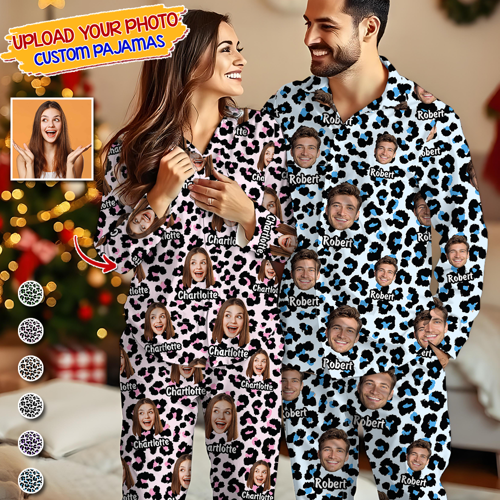 Leopard Sleepwear Custom Face Pajamas Pattern - Personalized Photo Christmas Pajamas