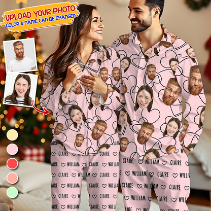 Couple Pajamas Team Custom Photo Human And Pet Faces - Custom Face Pajamas Pattern - Personalized Photo Christmas Pajamas