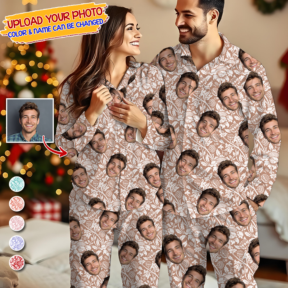 Print Pajama Set, Night Wear, Bridesmaid Pajama Set Photo Human And Pet Faces - Custom Face Pajamas Pattern - Personalized Photo Christmas Pajamas