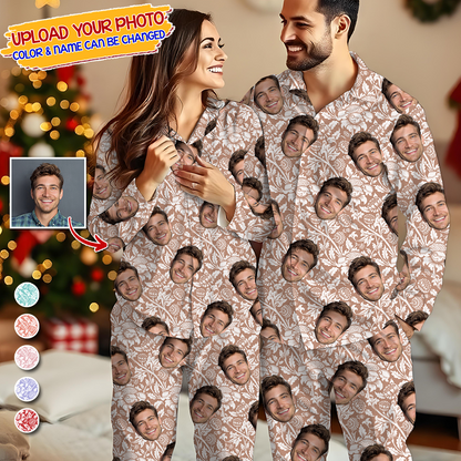 Print Pajama Set, Night Wear, Bridesmaid Pajama Set Photo Human And Pet Faces - Custom Face Pajamas Pattern - Personalized Photo Christmas Pajamas