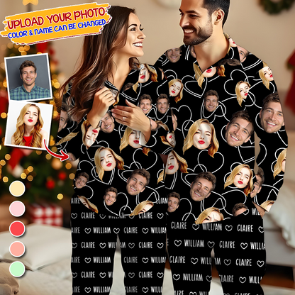 Couple Pajamas Team Custom Photo Human And Pet Faces - Custom Face Pajamas Pattern - Personalized Photo Christmas Pajamas