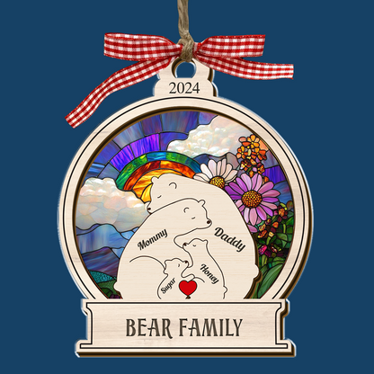 Bear Family Wooden Bear Color Background Family Christmas Tree Ornament - 2-Layer Wood Pet Carving Ornament - Custom Bear Family Ornament