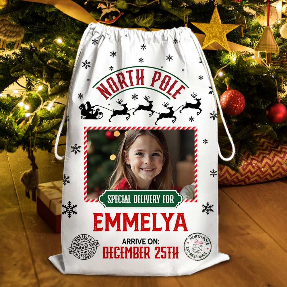 North Pole Mail Service Christmas Bag Custom Photo - Personalized Christmas Sack - Custom Christmas Bag