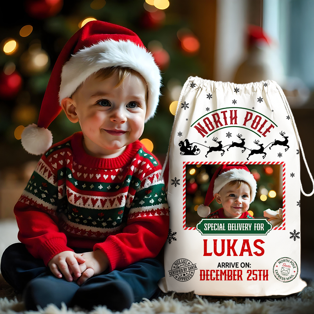 North Pole Mail Service Christmas Bag Custom Photo - Personalized Christmas Sack - Custom Christmas Bag